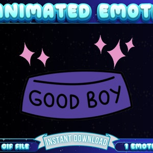 May include: Animated GIF of a purple dog bowl with the text "GOOD BOY" in white. The bowl is surrounded by pink stars on a black background.