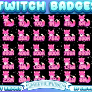 Puede incluir: Un conjunto de 30 insignias de chat de Twitch de zorro rosa con un fondo brillante. Las insignias muestran números del 1 al 5 millones, que representan diferentes niveles de apoyo de los espectadores.