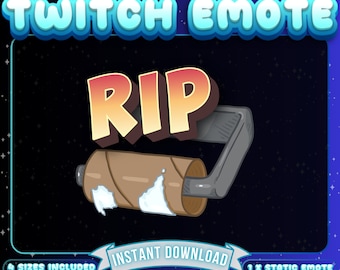 Könnte beinhalten: Ein Twitch-Emote mit einer Cartoon-Toilettenpapierrolle mit dem Wort "RIP" in einem Farbverlauf von Orange und Rot. Die Toilettenpapierrolle ist teilweise abgewickelt und hat einen grauen Griff.