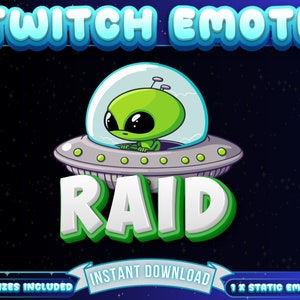 May include: Green alien cartoon character in a spaceship with the word "RAID" in white letters with green outlines. The text "4 SIZES INCLUDED" and "INSTANT DOWNLOAD" are at the bottom of the image.