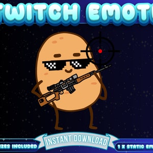 May include: A cartoon potato wearing sunglasses and holding a rifle with a scope. The potato is aiming at a target with a red dot in the center. The background is a dark blue with white stars.
