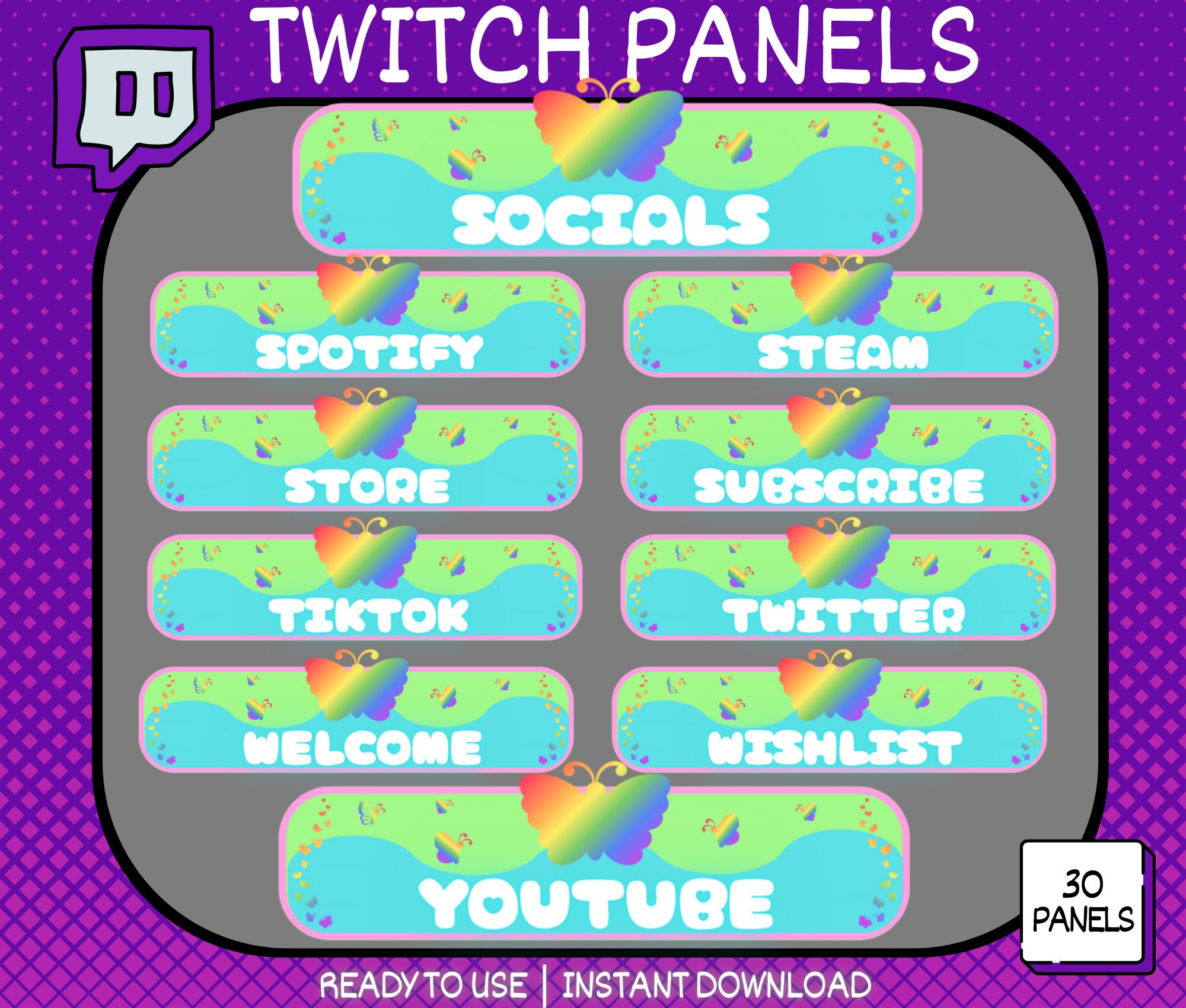 30 X Twitch Panels, Butterfly Twitch Panels, Rainbow Panels, Streamers ...
