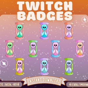 May include: Ten colorful hourglass Twitch badges with a skull design. The hourglasses are in various colors, including pink, blue, green, yellow, and purple. The text "INSTANT DOWNLOAD" and "10 X SKULL TIMER BADGES" is at the bottom of the image.