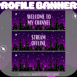 Bannière de profil Purple City Twitch, bannière de profil mignonne, bannière d’affichage de profil de joueur, bannière de profil Kawaii, prête à l’emploi, pour les streamers