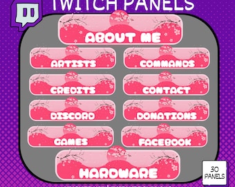 May include: A set of 30 pink Twitch panels with a cherry blossom design. The panels include text such as "About Me", "Artists", "Commands", "Credits", "Contact", "Discord", "Donations", "Games", "Facebook", and "Hardware".