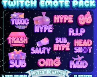 Op de afbeelding: Een set van 12 Twitch-emotes met verschillende zinnen en ontwerpen. De emotes zijn in een roze en paarse kleurstelling met een glinsterend effect. De emotes omvatten "Toxic", "Hype", "GG", "R.I.P", "Trash", "Salty", "Sub Hype", "Head Shot", "Sub", "OMG" en "Raid".
