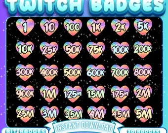 May include: A set of 30 Twitch chat badges featuring a rainbow heart design with different follower milestones, including 1, 10, 100, 1K, 2K, 5K, 10K, 25K, 50K, 75K, 100K, 200K, 300K, 400K, 500K, 600K, 700K, 800K, 900K, 1M, 125M, 15M, 175M, 2M, 25M, 3M, 35M, 4M, 45M, and 5M.