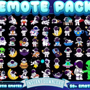 May include: A set of 50+ astronaut and alien emoticons, or emojis, in a variety of poses and situations. The emoticons are in a cartoon style and are set against a dark blue background with stars. The text "EMOTE PACK" is at the top of the image, and the text "STATIC EMOTES" is at the bottom left. The text "INSTANT DOWNLOAD" is in a banner at the bottom center. The text "50+ EMOTES" is at the bottom right.