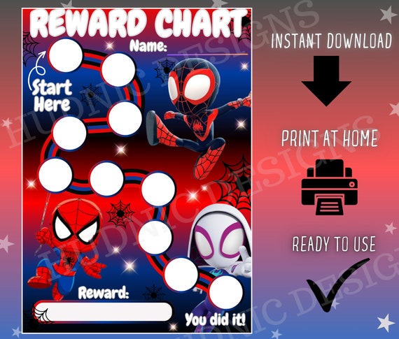 Spiderman Kids Chore Chart, Printable Reward Tracker (PDF, PNG)