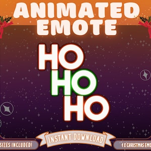 Peut inclure: Émoticône animée avec le texte "HO HO HO" en blanc avec des accents rouges et verts. Le fond est un dégradé d'orange, de violet et de bleu foncé avec des formes en forme d'étoiles. Les mots "ANIMATED EMOTE" et "INSTANT DOWNLOAD" sont également présents.