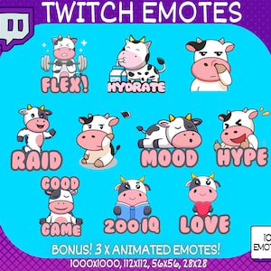 BONUS ANIMATED Emotes! 10 x Twitch Emotes, Cute Cow Emotes, Cute Twitch Emotes, Funny Twitch Emotes, Twitch Emote Pack, Cow Emote Pack