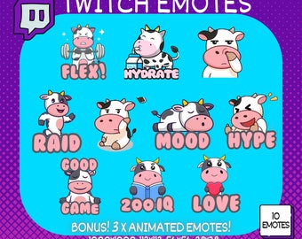 BONUS ANIMATED Emotes! 10 x Twitch Emotes, Cute Cow Emotes, Cute Twitch Emotes, Funny Twitch Emotes, Twitch Emote Pack, Cow Emote Pack