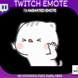 May include: Animated Twitch emote featuring a white cat with pink cheeks, gray stripes, and a surprised expression. The cat is covering its face with its paw. The text "1 EMOTE" appears in the lower right corner of the image.