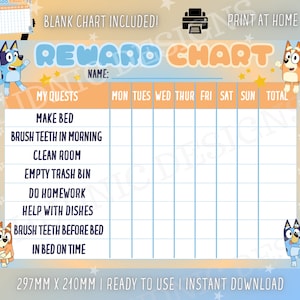 Bluey Rewards grafiek, Kids karwei grafiek, Bluey karwei grafiek, afdrukbare beloningen grafiek, Kids sticker grafiek, schattige Bluey beloningen grafiek, leuke grafiek