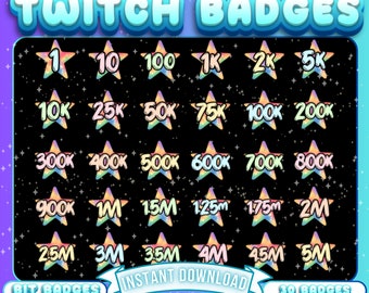 May include: A set of 30 Twitch chat badges featuring rainbow-colored stars with numbers from 1 to 5 million. The badges are designed for use on Twitch to reward viewers for their support.