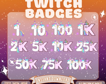 May include: Eleven colorful unicorn Twitch bit badges with numbers 1, 10, 100, 1K, 2K, 5K, 10K, 25K, 50K, 75K, and 100K. The badges are on a pink background with a glittery effect.