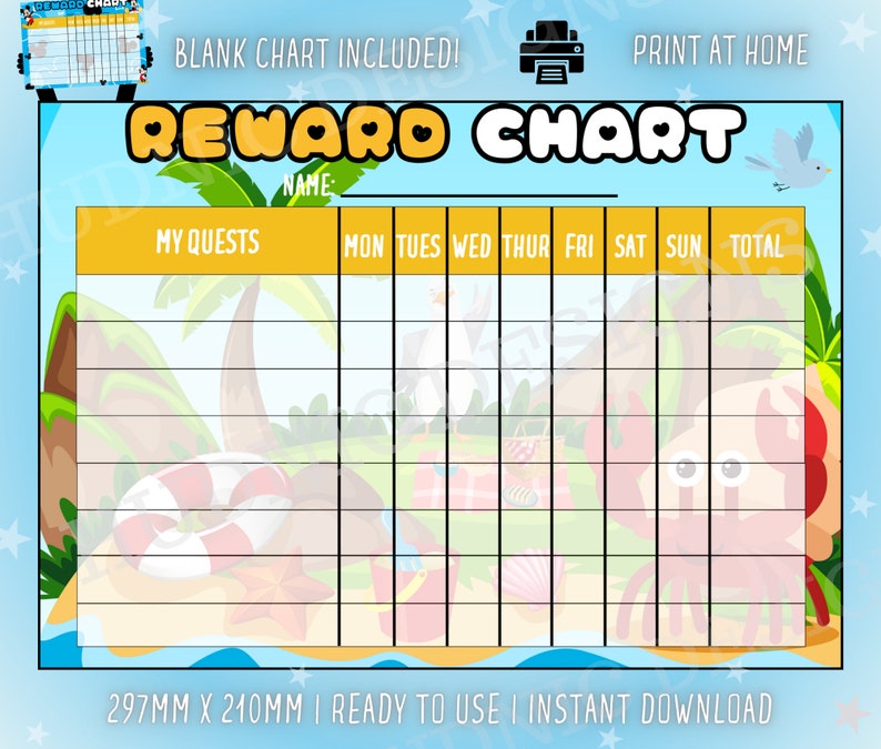 Beach Theme Kids Reward Chart, Printable Chore Chart (digital Download ...