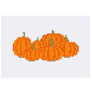 May include: A digital pixel art illustration featuring a cluster of bright orange pumpkins with distinct vertical ridges and small green stems. The pumpkins are arranged in a group, rendered in a blocky, retro-style aesthetic against a plain background.