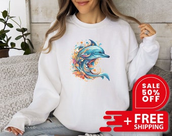 Unisex Dolphin Graphic Sweatshirt, Artistic Dolphin Sweater,  Dolphin Sweatshirt, Animal Sweatshirt, Christmas Gift, Winter Gift
