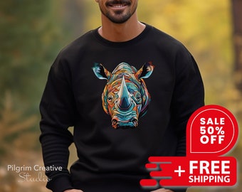 Unisex Rhino Graphic Sweatshirt, Artistic Rhino Face,  Rhino Sweater, Animal Sweatshirt, Christmas Gift, African Animal Sweatshirt, Vintage