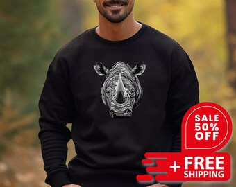 Unisex Rhino Graphic Sweatshirt, Artistic Rhino Face,  Rhino Sweater, Animal Sweatshirt, Christmas Gift, African Animal Sweatshirt, Vintage
