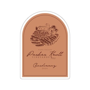 May include: A wine label with a brown background and a white border. The label features a hand-drawn illustration of a vineyard with a small village in the background. The text "Parker Knoll Vineyards 1993" is printed in brown cursive script. The text "Chardonnay 2024" is printed in brown below the vineyard illustration. The label is for a bottle of Napa Valley Chardonnay.