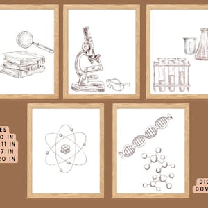 Puede incluir: Conjunto de seis ilustraciones científicas imprimibles en blanco y negro. Las ilustraciones incluyen un microscopio, tubos de ensayo, un vaso de precipitados, una cadena de ADN, un átomo y una pila de libros con una lupa.