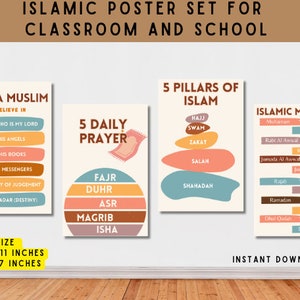 May include: Set of four Islamic educational posters for classroom or school use. The posters feature colorful illustrations and text in English. The posters include information about the five pillars of Islam, the five daily prayers, Islamic months, and a statement of faith. The posters are available in two sizes: 8.5 x 11 inches and 11 x 17 inches.