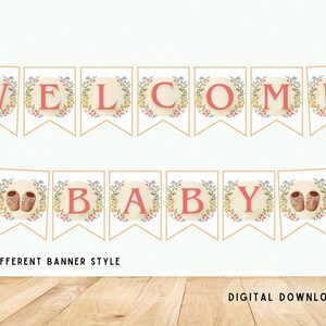 May include: Printable baby shower banner with the words "Welcome Baby" in red letters with floral accents. The banner is made up of 8 separate flags.