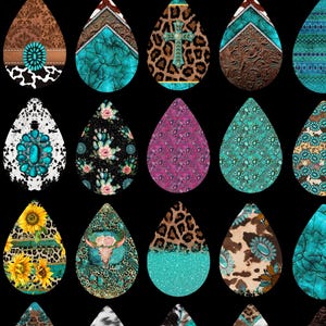 May include: A selection of 30 teardrop earrings with diverse patterns. Designs include turquoise, leopard print, floral, cowhide, and geometric shapes. Some have glitter, crosses, and floral accents. The earrings are displayed against a black backdrop, showcasing a range of styles.