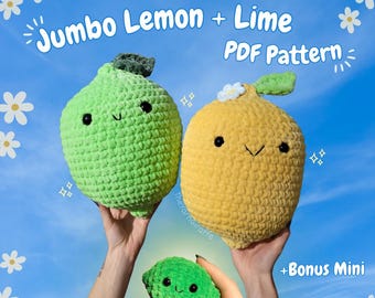 Lemon + Lime Crochet Pattern, low-sew, crochet pillow pattern, crochet lemon pattern, crochet plushie pattern, jumbo crochet, amigurumi