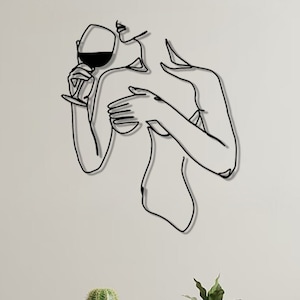 Woman Drinking Wine Metal Wall Art, Minimalist Line Wall Decor, Modern Bedroom Wall Art, Abstract Female Body Wall Decor, Gift for Her
