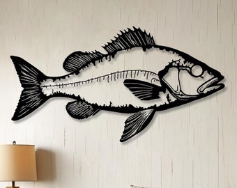Gran cuadro de metal con forma de pez lubina, decoración para cabañas junto al lago.