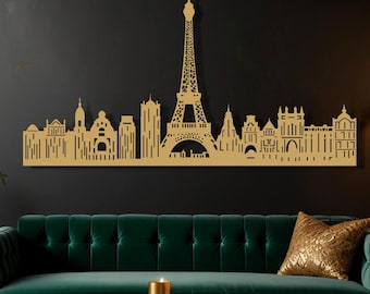 Decoración de pared metálica con el horizonte de París, la Torre Eiffel y paisajes urbanos.