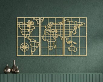 Metal World Map Wall Art Set, Geometric Office Decor