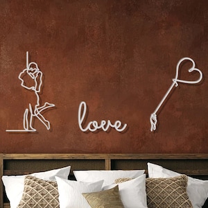 Juego de 3 piezas de arte de pared de metal minimalista para parejas, arte de pared para amantes del metal, arte de una línea de pareja romántica, decoración para sobre la cama, regalo para parejas