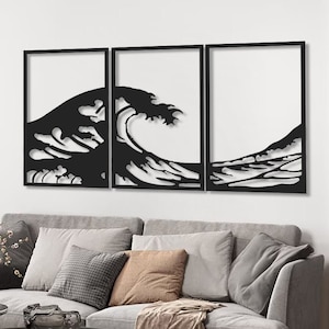 グレートウェーブメタルウォールアート3点セット、リビングルームウォールデコ、ベッドルームウォールデコ、屋外ウォールデコ、メタルネイチャーアート、海好きへのギフト