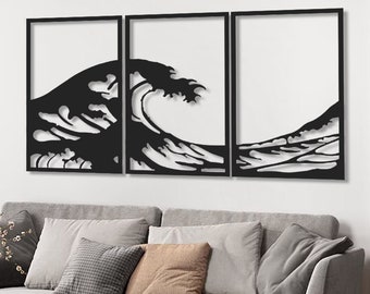 Conjunto de arte mural de metal de la Gran Ola, decoración oceánica
