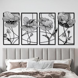 4 Piece Poppy Flower Metal Wall Art, Botanical Metal Wall Decor, Floral Metal Wall Panels, Bedroom Metal Wall Art, Gift for Housewarming