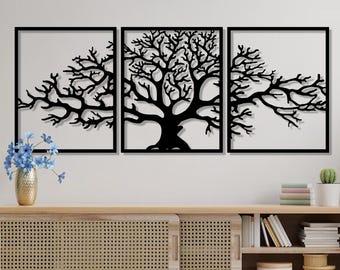 Extra Large Metal Tree Wall Decor Set of 3 , 3 Panels Tree of Life Metal Wall Art , Living Room Decor , Bedroom Wall Art , Housewarming Gift