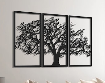 Grote metalen muurkunst levensboom, woondecoratie met 3 panelen