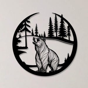 Bear Forest Scene Metal Wall Art, Round Wildlife Bear Metal Wall Decor, Rustic Mountain Cabin Wall Hanging, Outdoor Patio Gift Idea