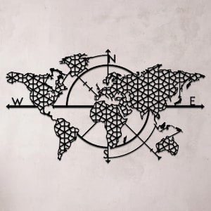 Arte da parete con mappa del mondo in metallo geometrico, decorazione della mappa del mondo in metallo con bussola, grande arte da parete in metallo, decorazione per casa e ufficio, regalo di inaugurazione della casa