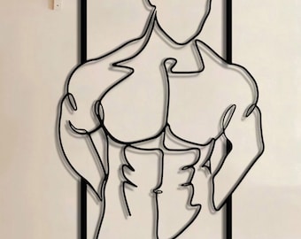 Muscular Man Metal Wall Art, Minimalist Line Art, Masculine Decor