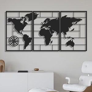 Juego de 3 paneles de arte de pared de metal con mapa del mundo, decoración de viajes moderna, arte de mapa del mundo grande, arte de pared para sala de estar, arte de pared para oficina, decoración de metal para el hogar