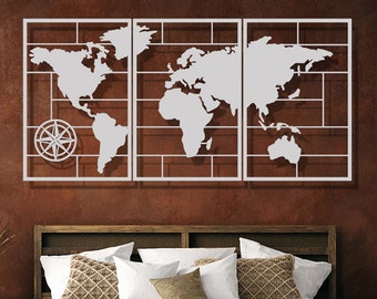 Metal World Map Wall Art, Modern Office Decor, Large Hanging Set