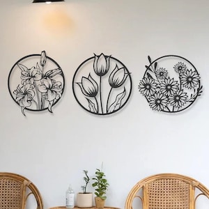 3-częściowy duży metalowy obraz ścienny z motywem kwiatowym, dekoracja ścienna z motywem kwiatowym na zewnątrz, panele ścienne do ogrodu botanicznego, okrągły obraz ścienny z motywem kwiatowym, prezent dla niej