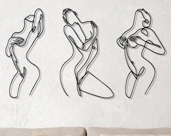 Arte lineal de cuerpo femenino en metal, juego de 3, decoración sensual para la pared del dormitorio.