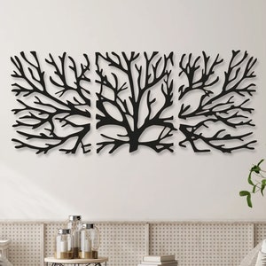 3 Piece Large Tree Branch Metal Wall Art, Outdoor Botanical Wall Decor, Organic Nature Wall Panels, Garden Metal Wall Art, Gift for Her