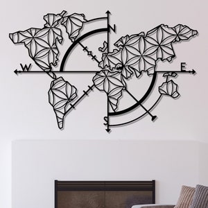Große Weltkarte Metallwandkunst mit Kompassrichtungen, moderne Weltkarte-Dekor, Wohnzimmer-Wandkunst, Reise-Liebhabergeschenk, Bürodekor